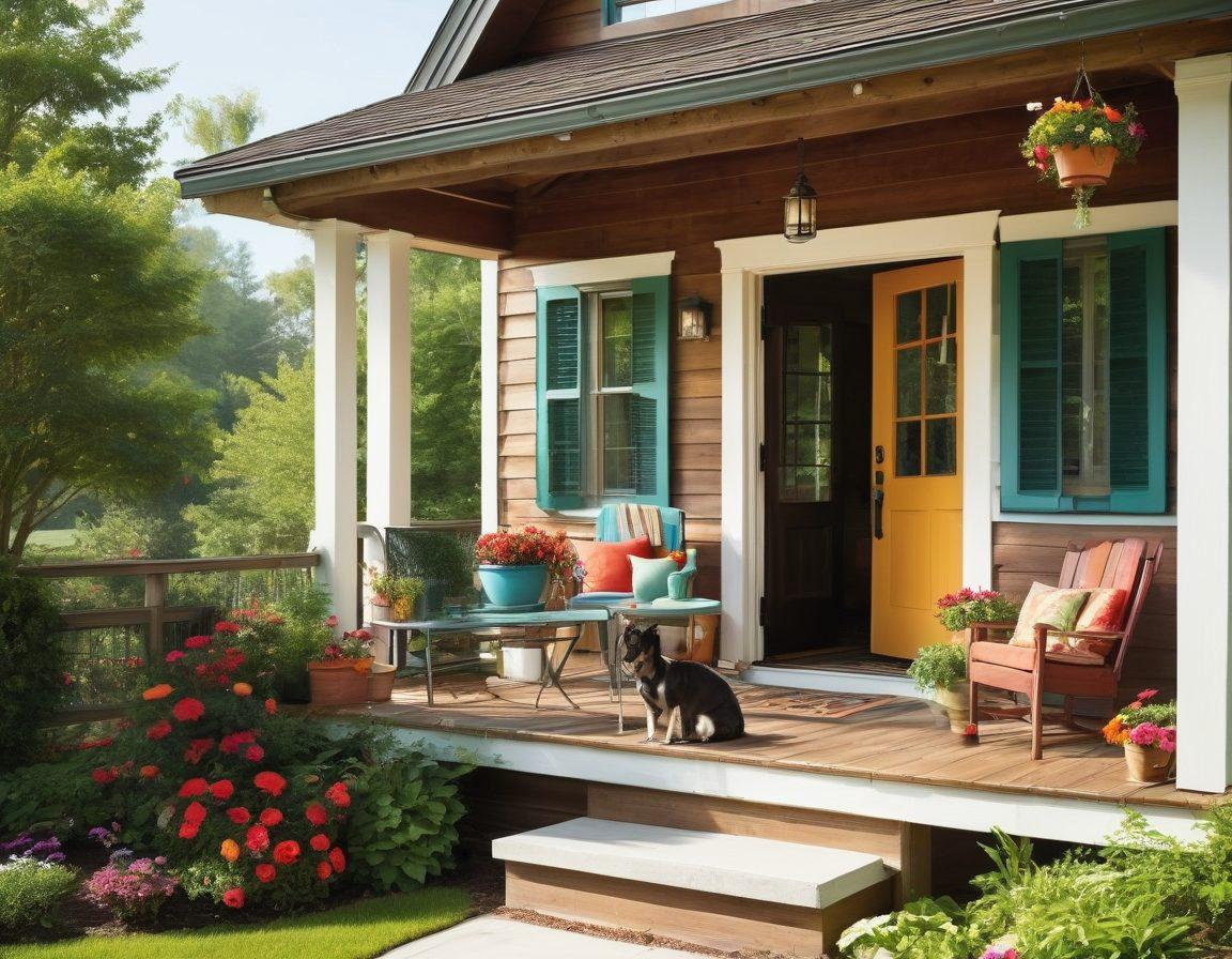 A warm and inviting family-friendly lodging scene, featuring a cozy cabin surrounded by lush greenery, children playing outside, and parents relaxing on a sunny porch. Include colorful flowers, a playful dog, and cheerful decorations that promote a sense of happiness and comfort. The overall atmosphere should be vibrant and welcoming, perfect for budget-conscious families seeking a retreat. super-realistic. vibrant colors.