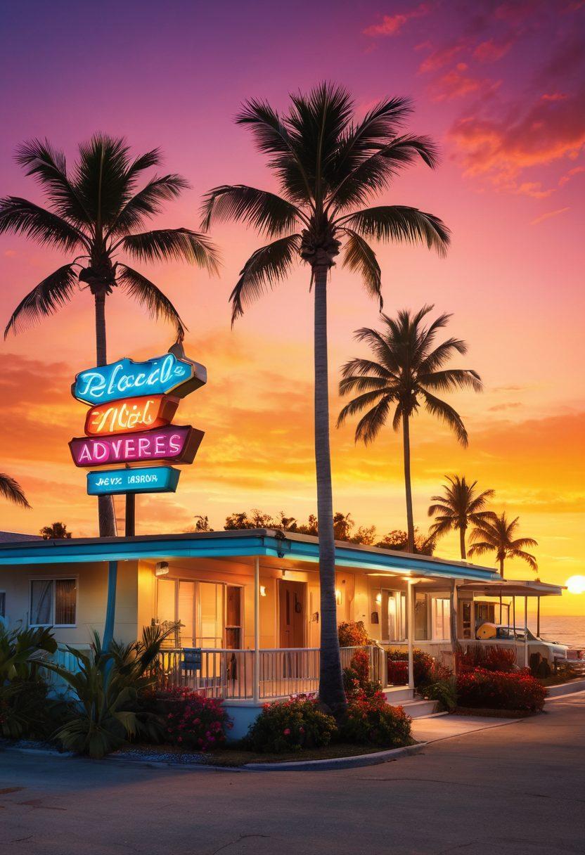 A cozy, inviting motel by the beach with colorful vintage signage, sunny skies and palm trees swaying gently in the breeze. Capture a family joyfully checking in, surrounded by whimsical decor and vibrant flowers. Include a golden sunset reflecting on the ocean waves, hinting at exciting adventures ahead. super-realistic. vibrant colors. 3D.