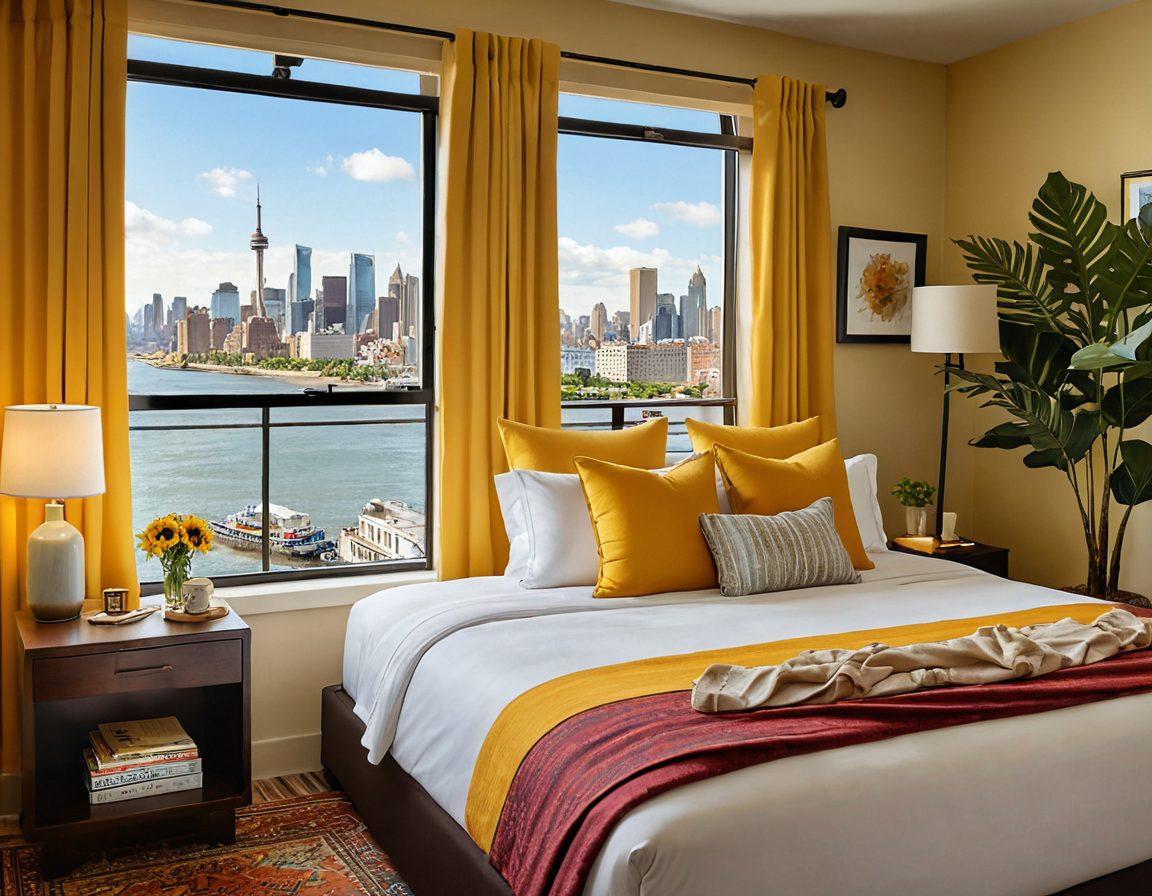 A cozy budget-friendly hotel room featuring warm, inviting colors, cheerful decor, and a large window showcasing a bright city skyline. Include a glowing 'Welcome' sign and a corkboard filled with travel tips. Add a cheerful traveler with a suitcase looking delighted, symbolizing joyful stays. super-realistic. vibrant colors. cheerful atmosphere.